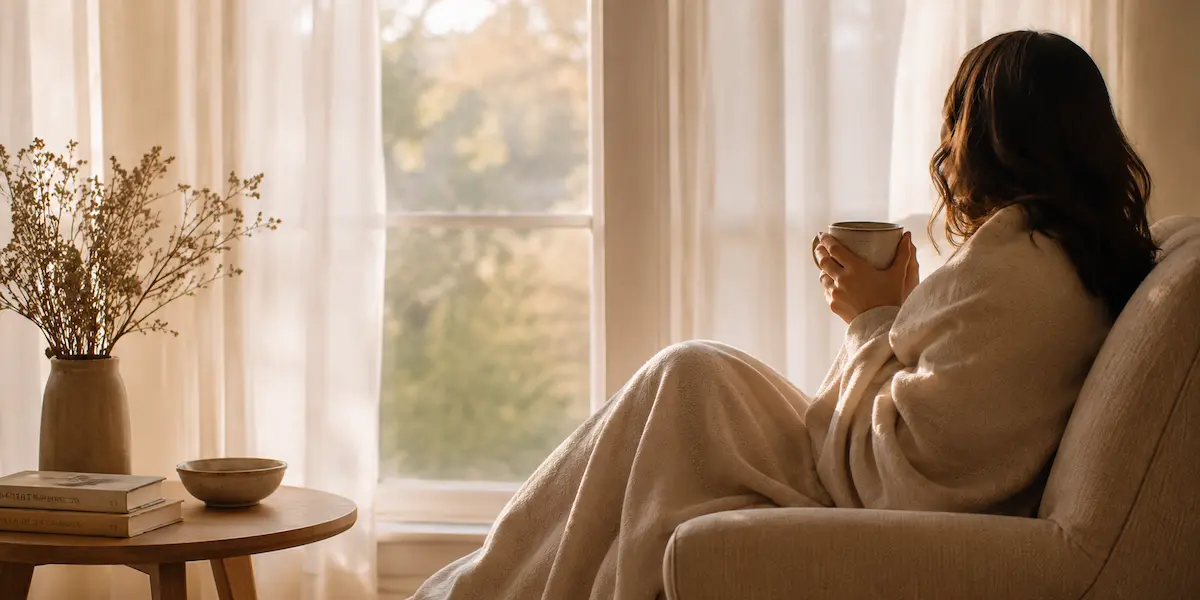 A person sitting in a peaceful space, reflecting